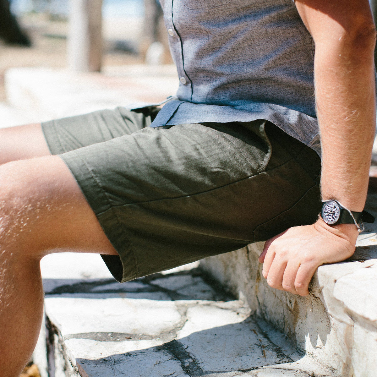 The Camp Short in Washed Olive Drab Herringbone