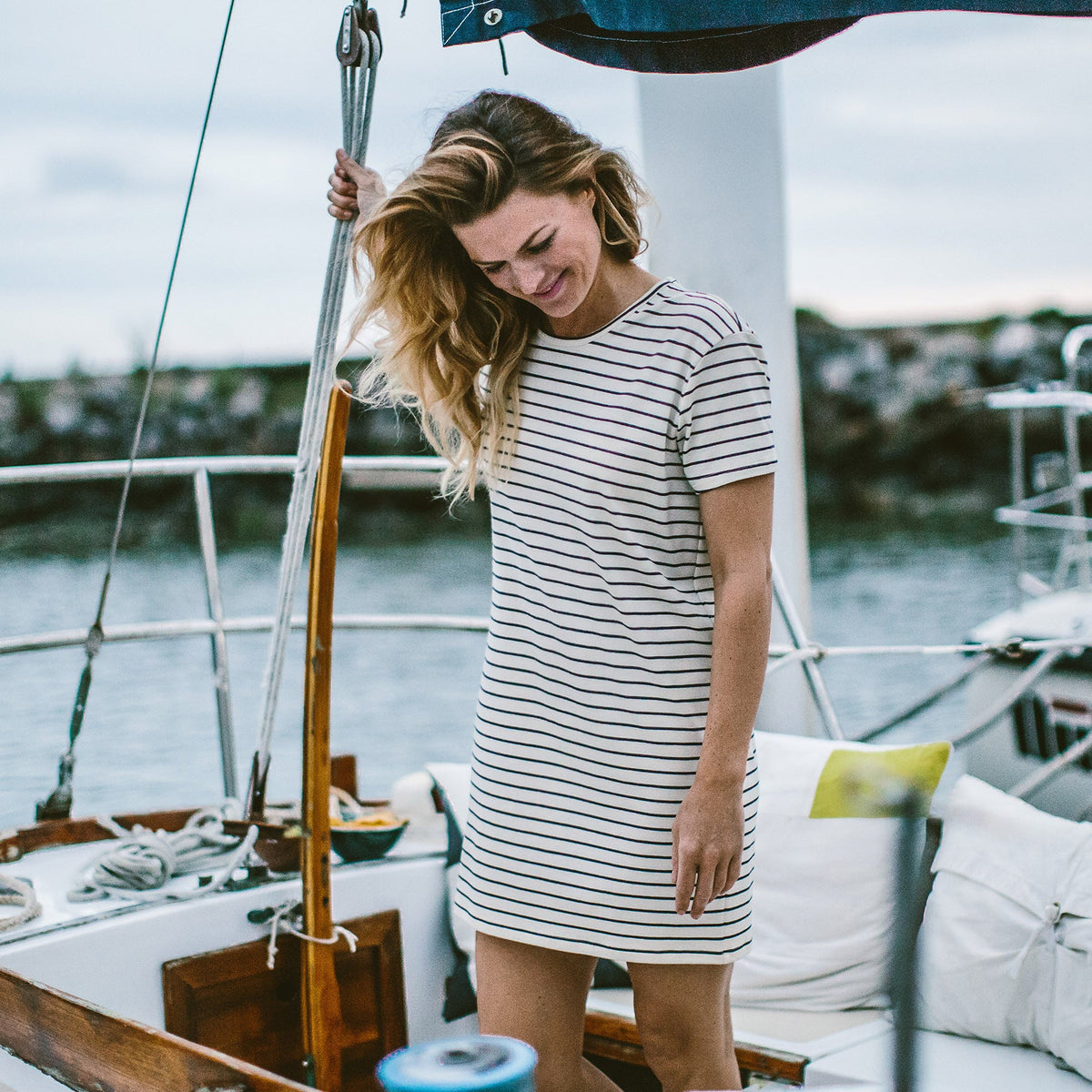 The Sausalito Dress in Forest Stripe Mercerized Merino