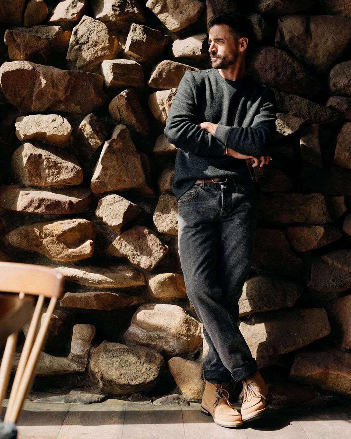 The Evans Crew in Charcoal Birdseye Wool
