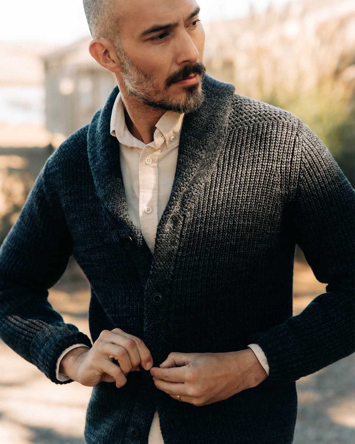 The Mariner Shawl Cardigan in Ink Slub