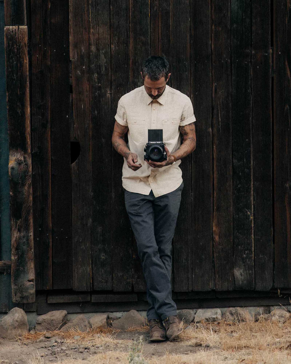 The Short Sleeve Utility Shirt in Natural Selvedge Chambray