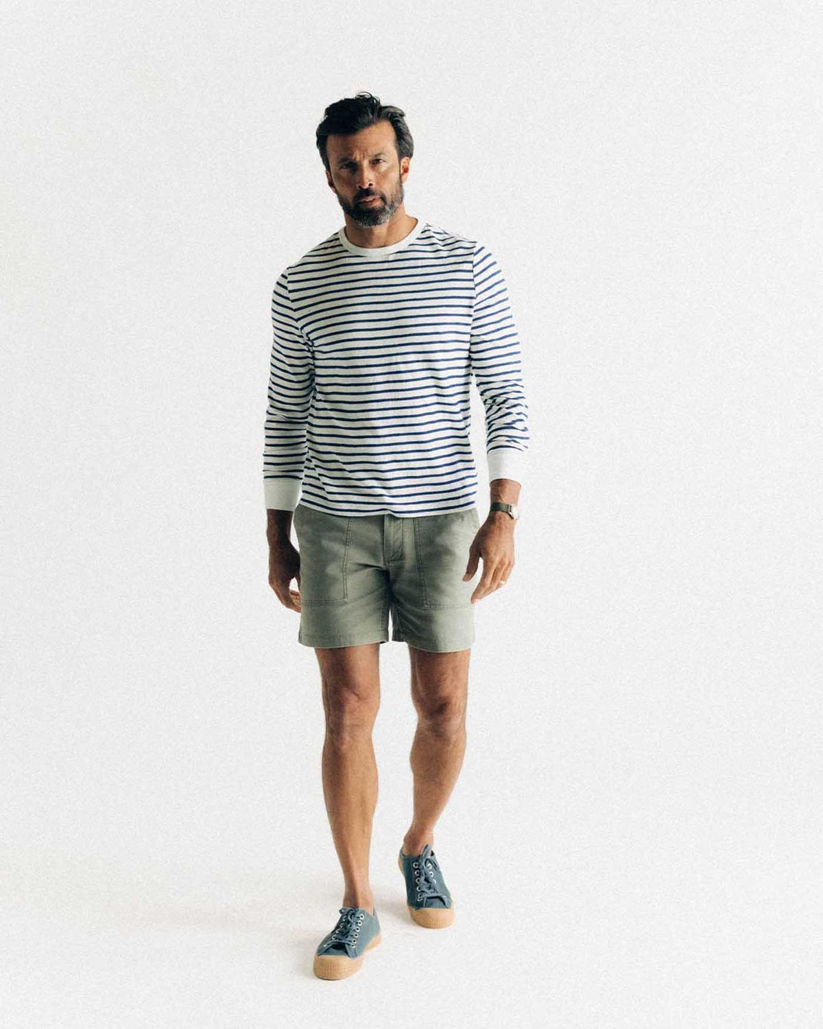 The Organic Cotton Long Sleeve Tee in Indigo Stripe