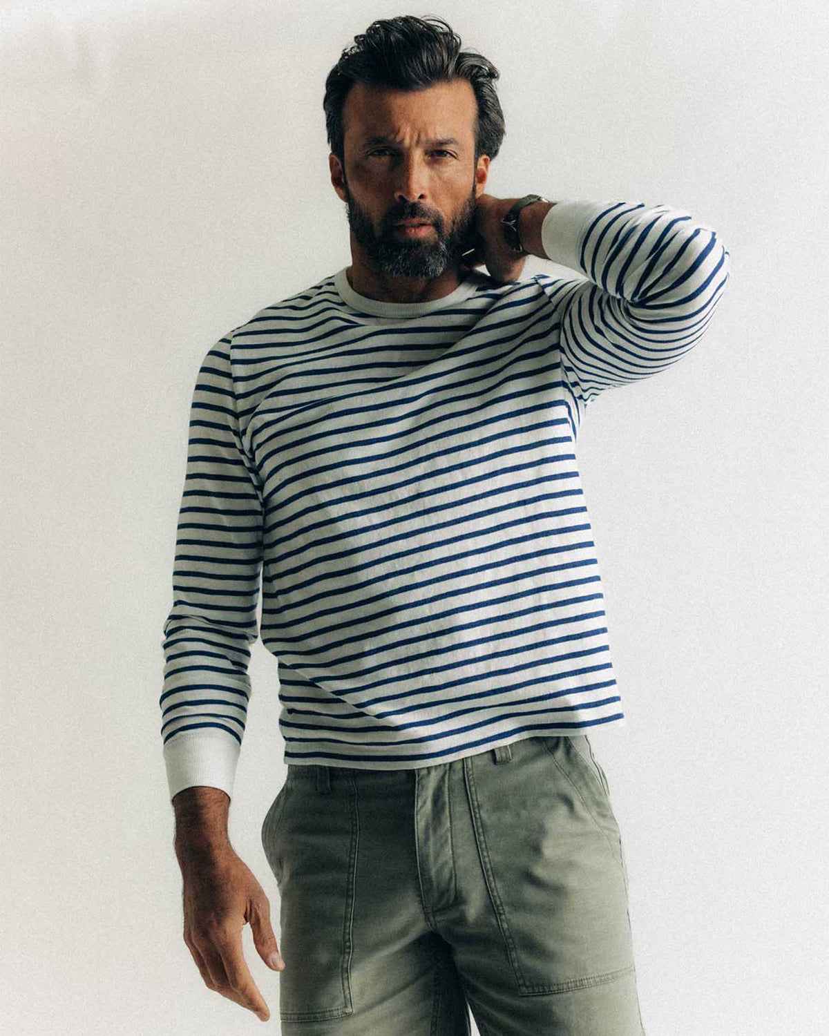 The Organic Cotton Long Sleeve Tee in Indigo Stripe