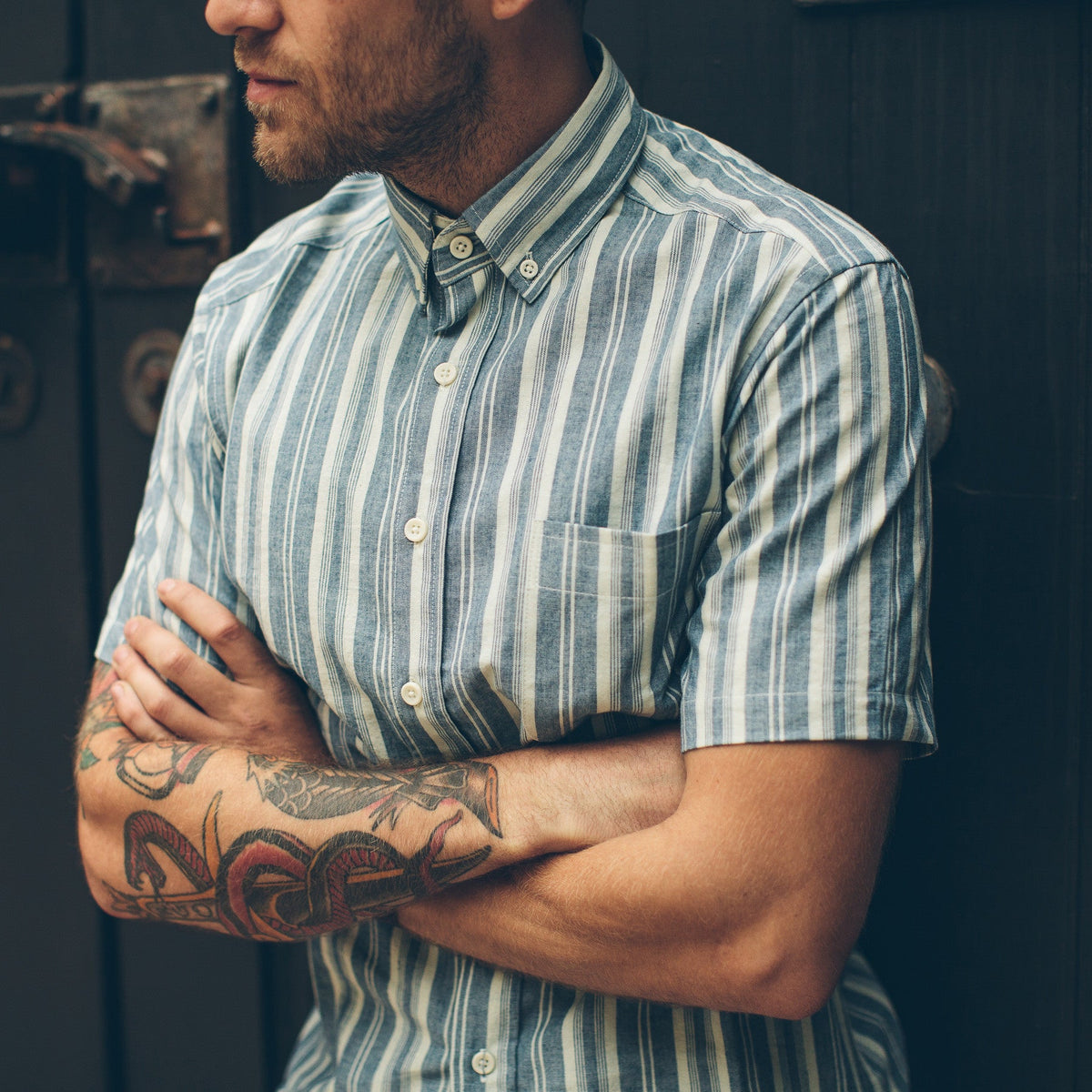 The Short Sleeve California in Blue Striped Chambray