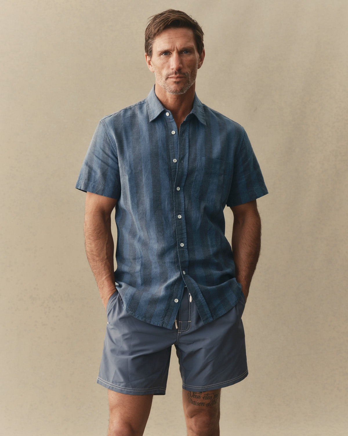 The Short Sleeve California in Blue Stone Stripe Hemp