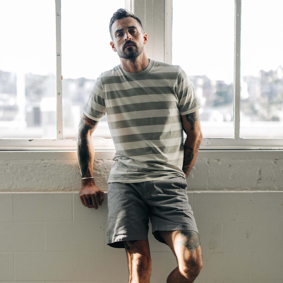 The Cotton Hemp Tee in Natural and Sagebrush Stripe