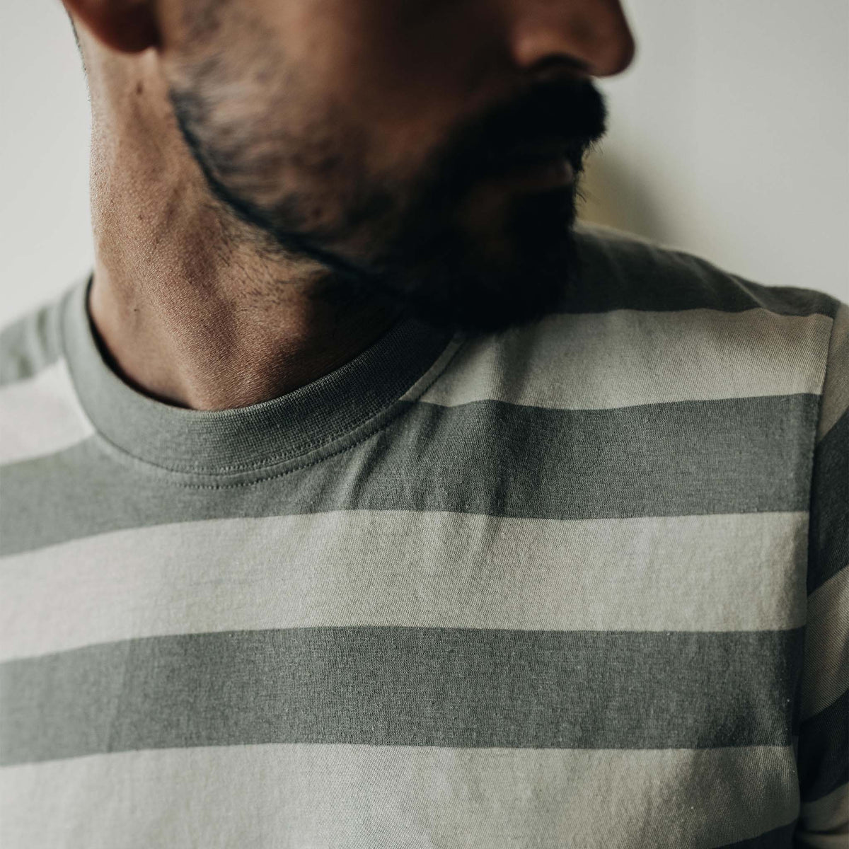 The Cotton Hemp Tee in Natural and Sagebrush Stripe