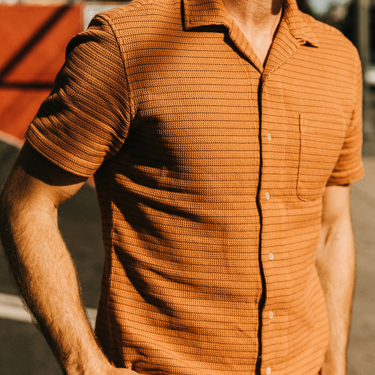 The Short Sleeve Hawthorne in Rust Pickstitch Waffle