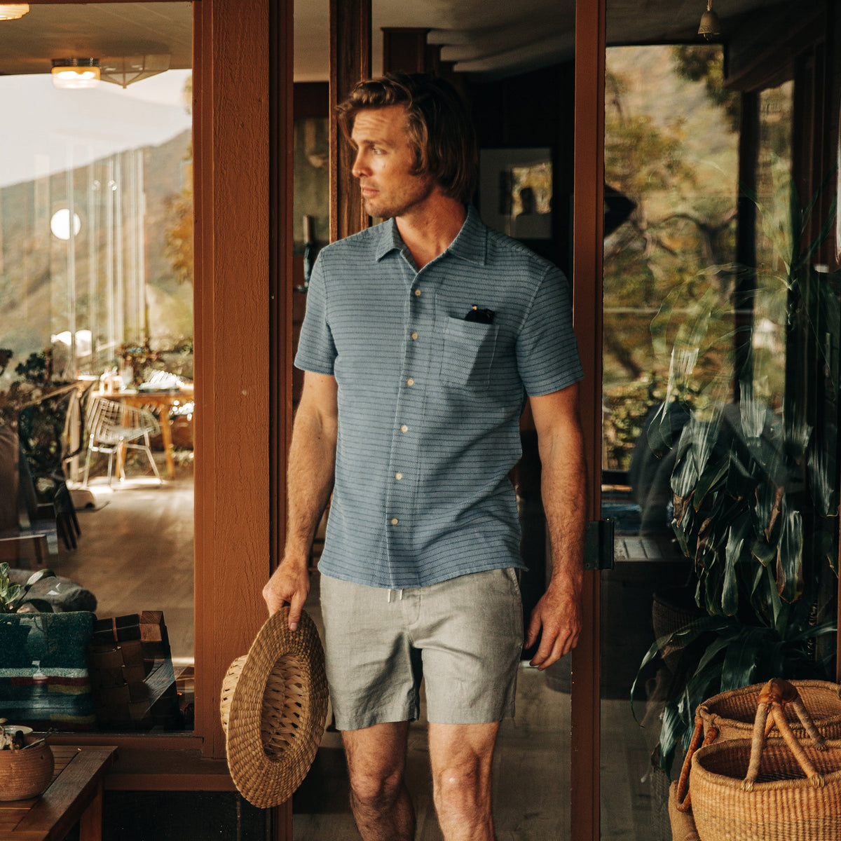 The Short Sleeve Hawthorne in Ocean Pickstitch Waffle