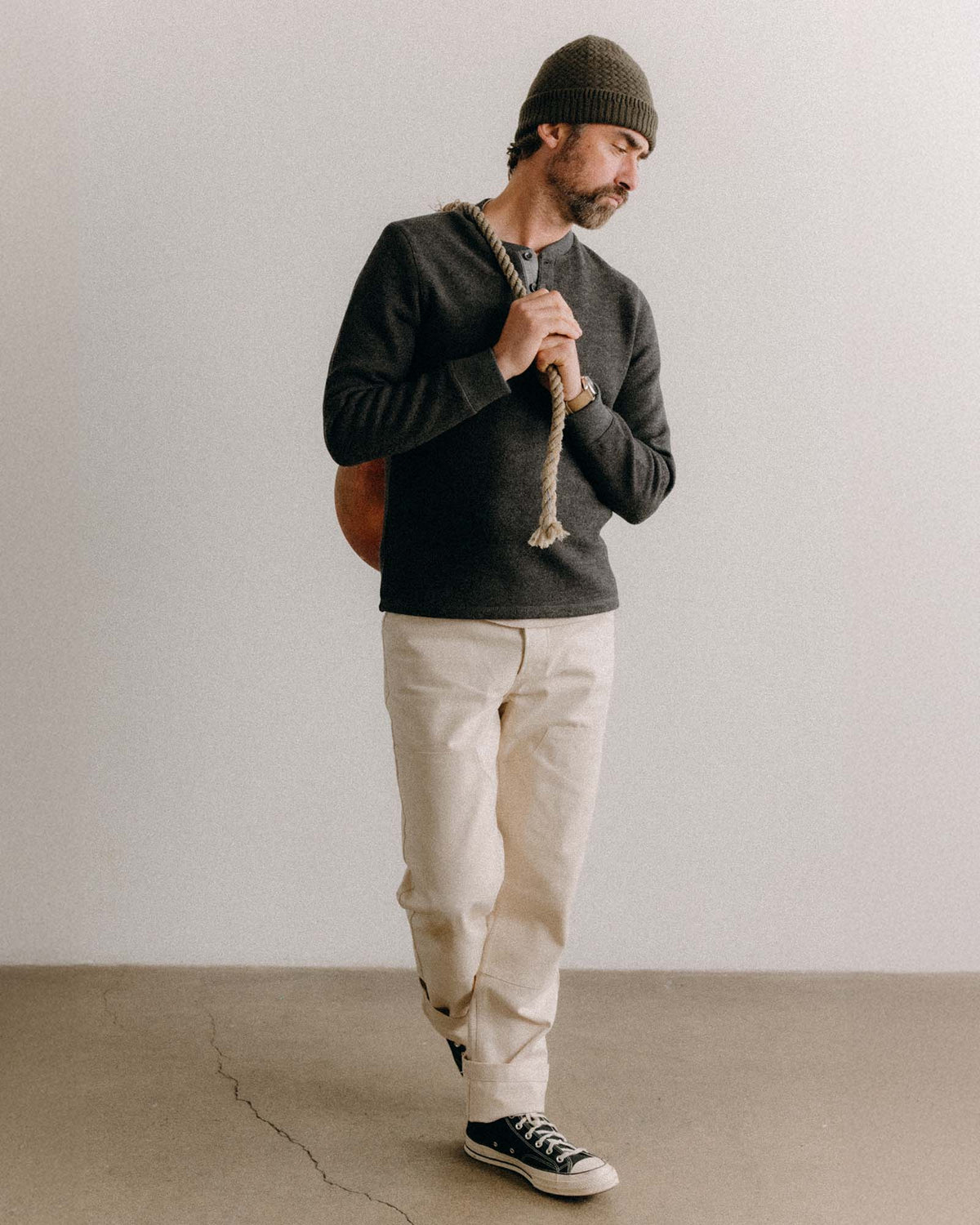 The Evans Henley in Charcoal Birdseye Wool