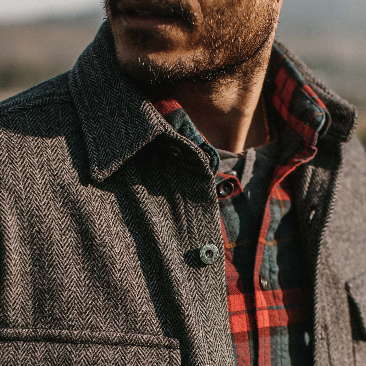 The Explorer Shirt in Coal Herringbone Wool