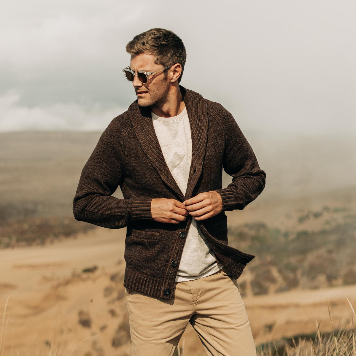 The Headland Shawl Cardigan in Marled Chocolate