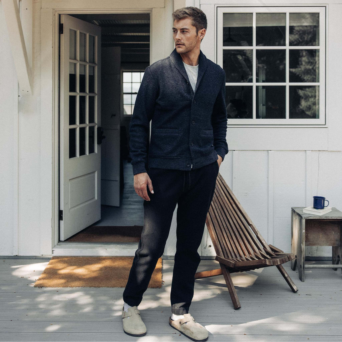 The Weekend Cardigan in Navy Herringbone Wool
