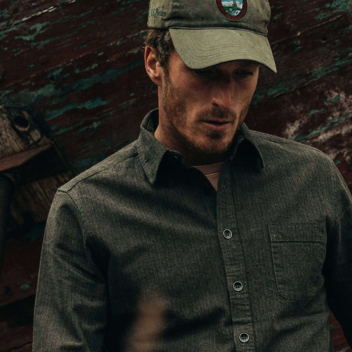 The Mechanic Shirt in Dark Olive Herringbone