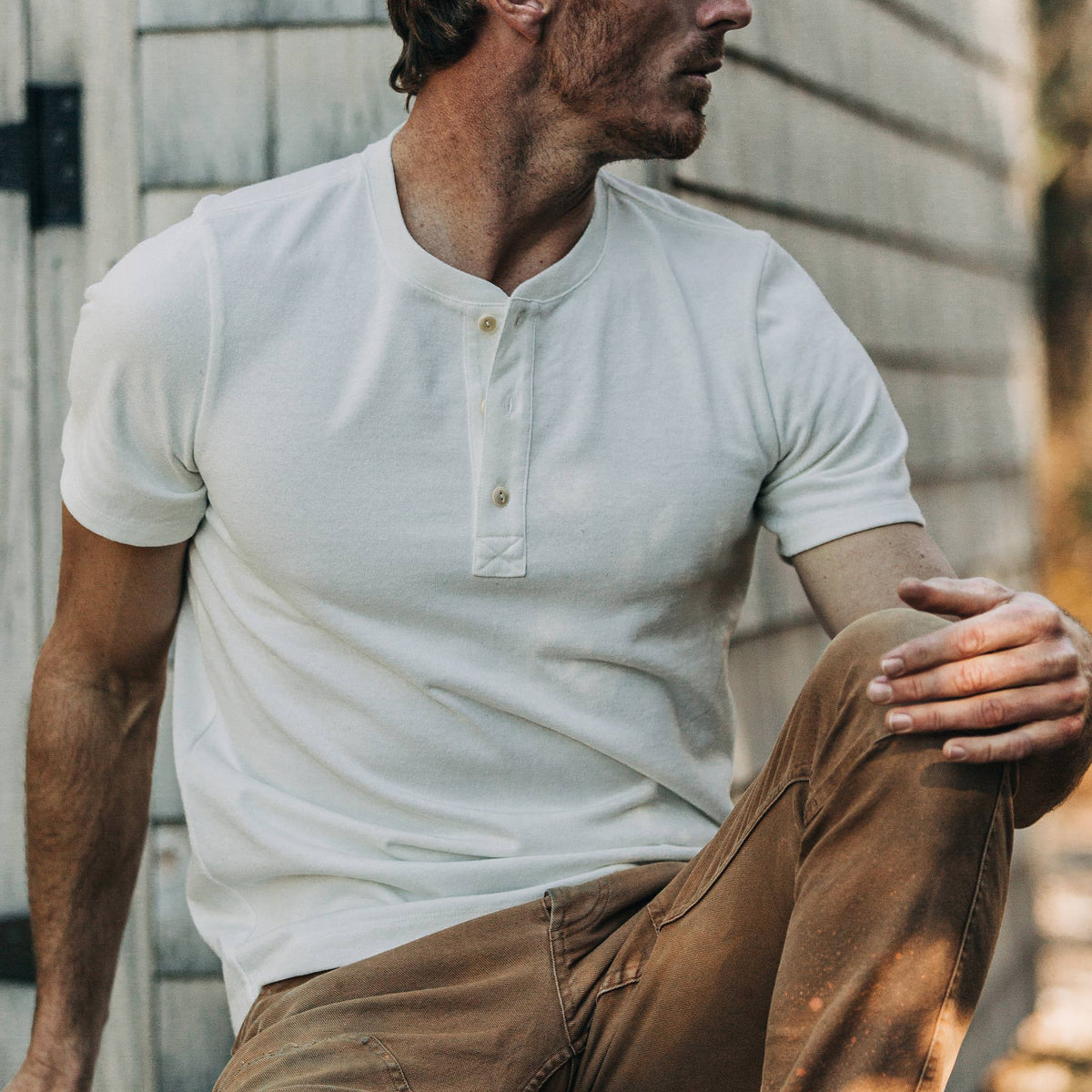 The Short Sleeve Heavy Bag Henley in Natural