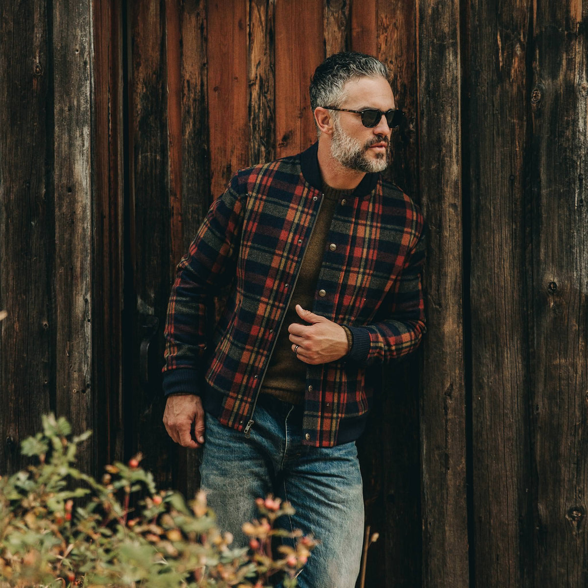 The Bomber Jacket in Navy Plaid Wool