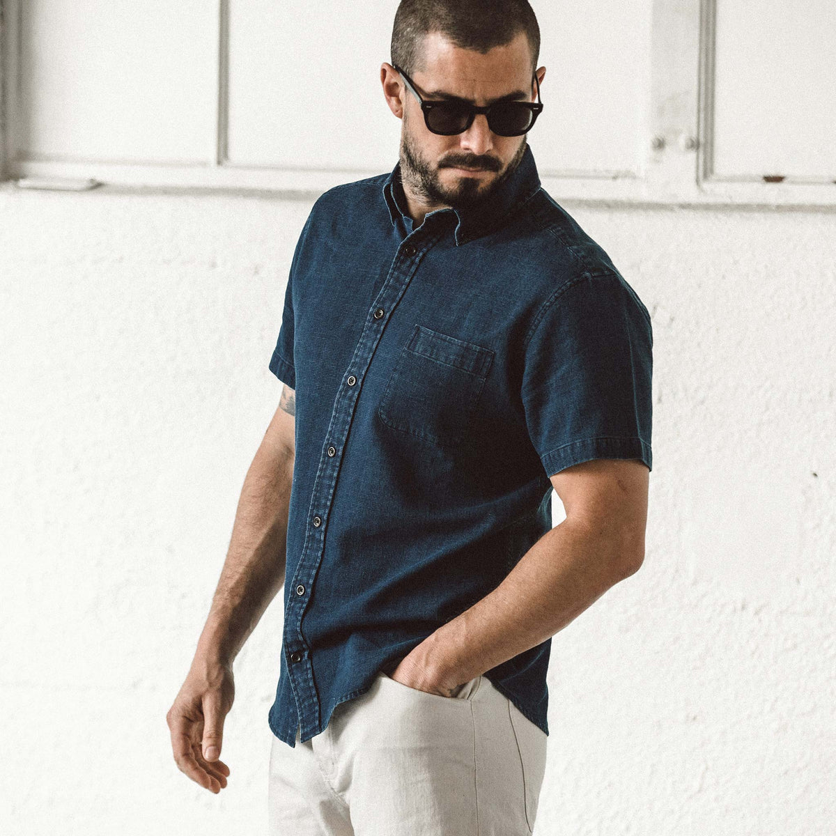 The Short Sleeve Jack in Mini Indigo Waffle