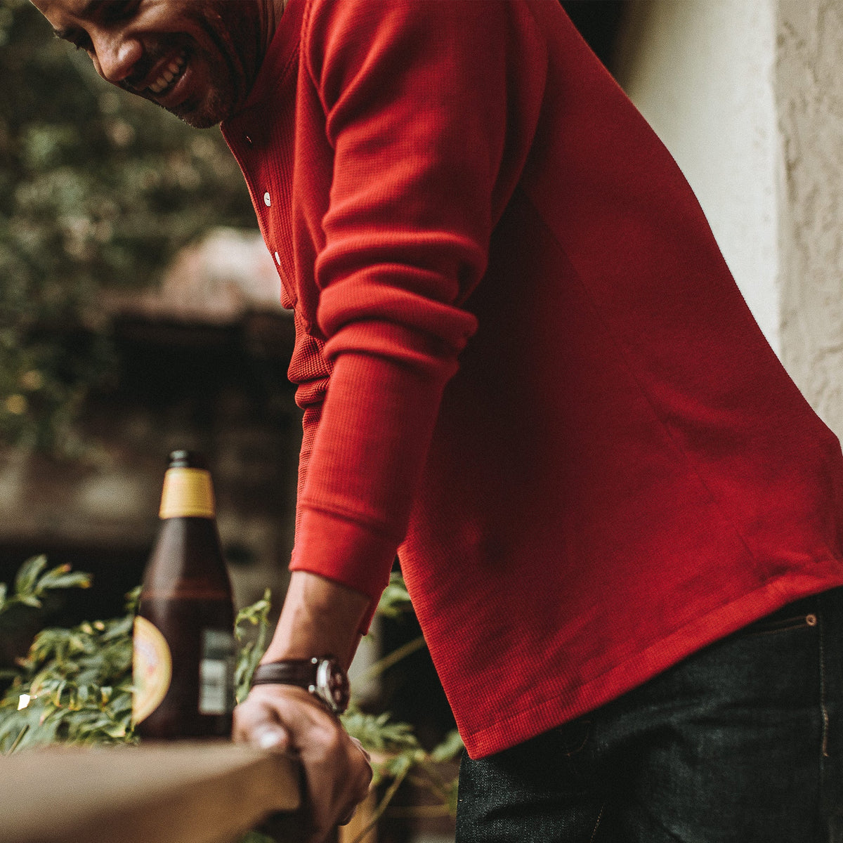The Heavy Bag Waffle Henley in Cardinal