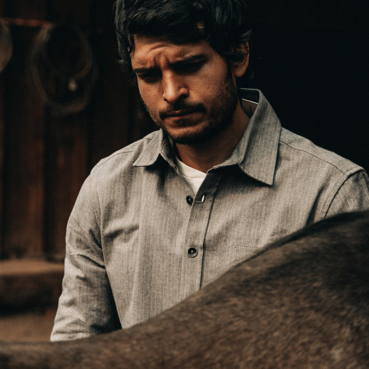 The Mechanic Shirt in Slate Herringbone