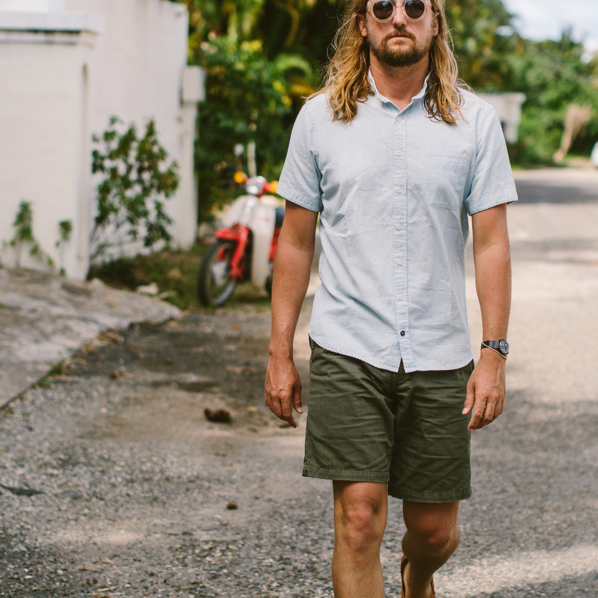 The Camp Short in Washed Olive Drab Herringbone
