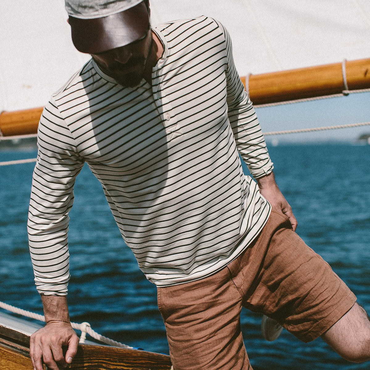 The Mercerized Merino Henley in Forest Stripe