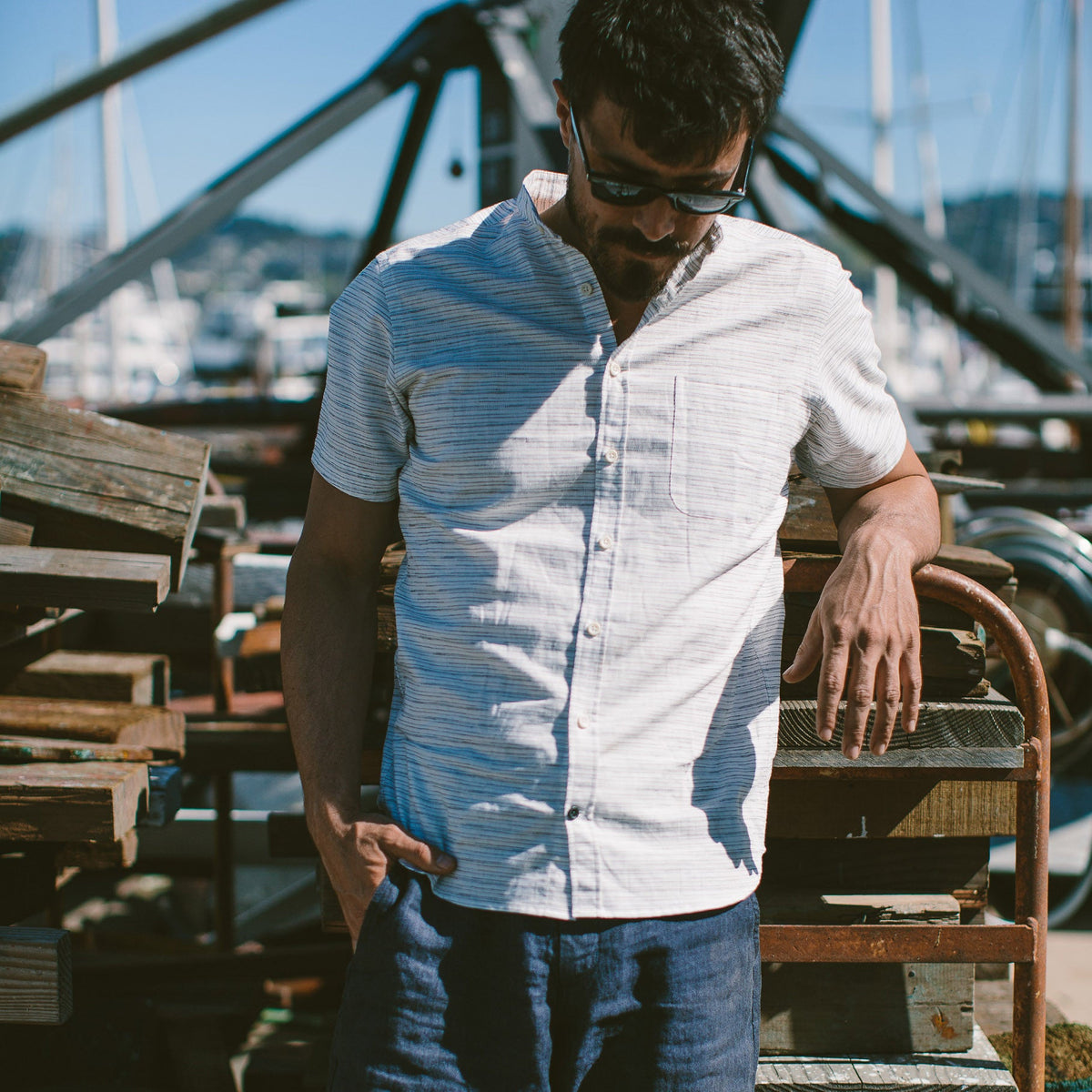The Bandit in White & Navy Slub Stripe