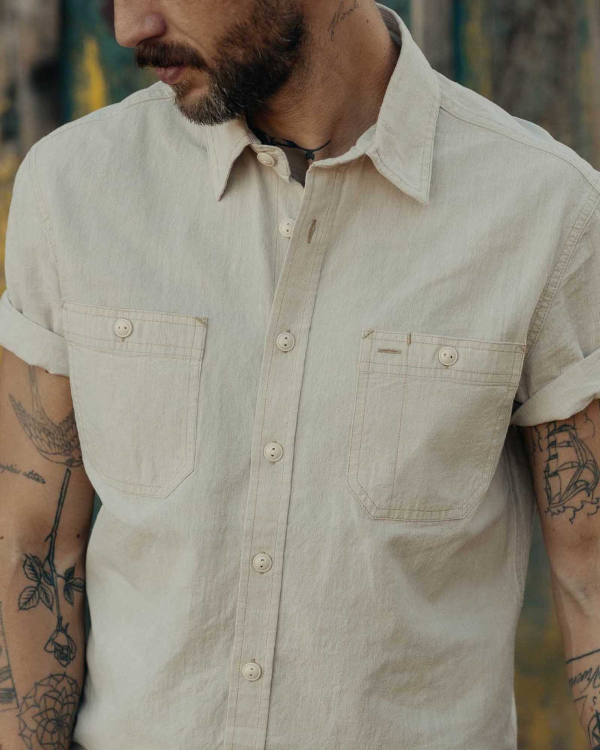 The Short Sleeve Utility Shirt in Natural Selvedge Chambray