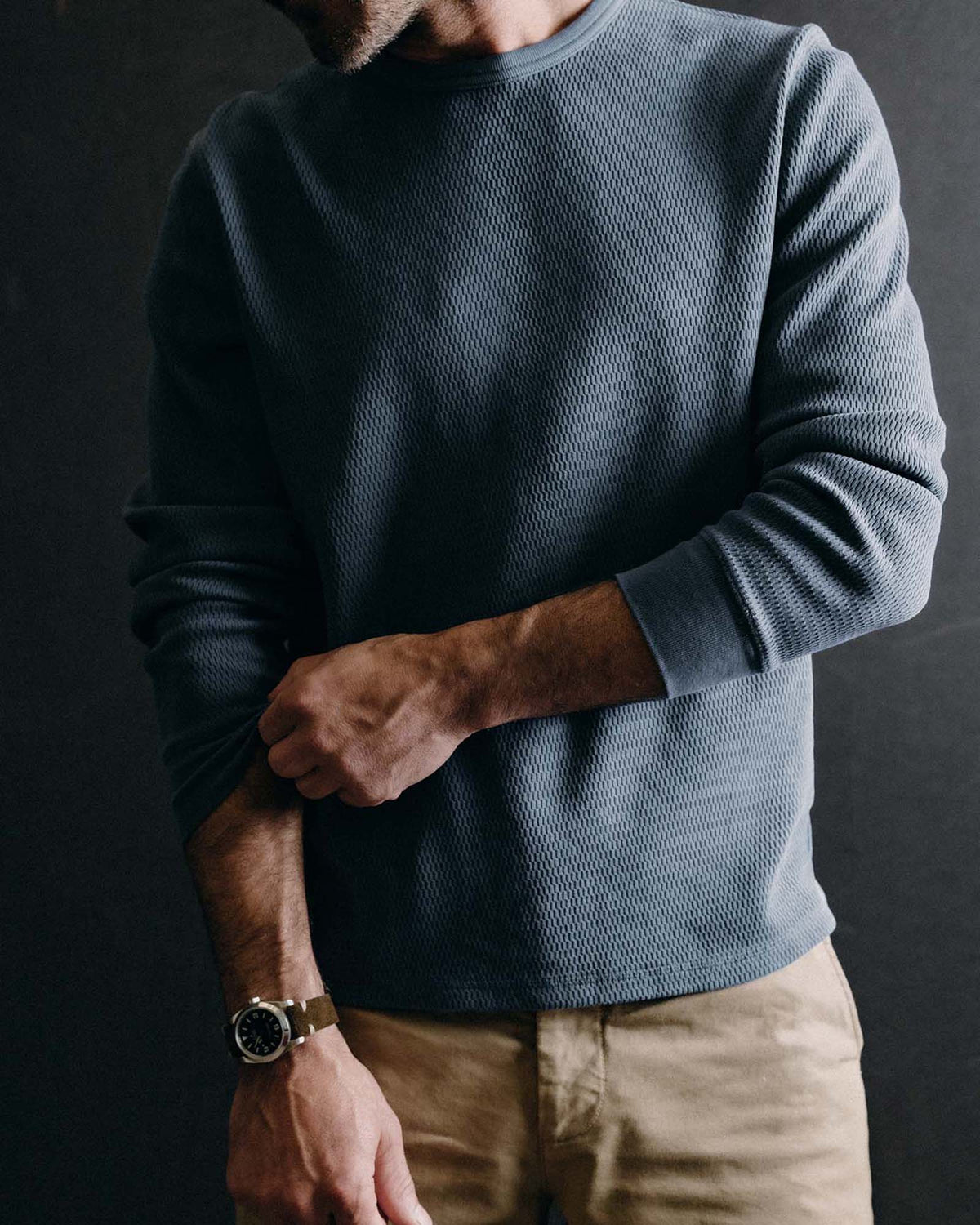 The Organic Cotton Crew in Washed Blue Waffle