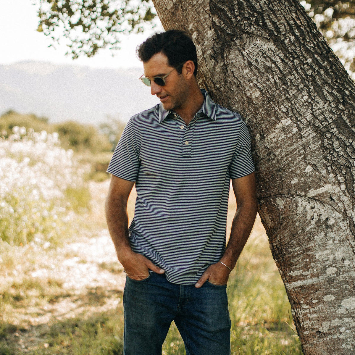 The Heavy Bag Polo in Navy and Ash Stripe