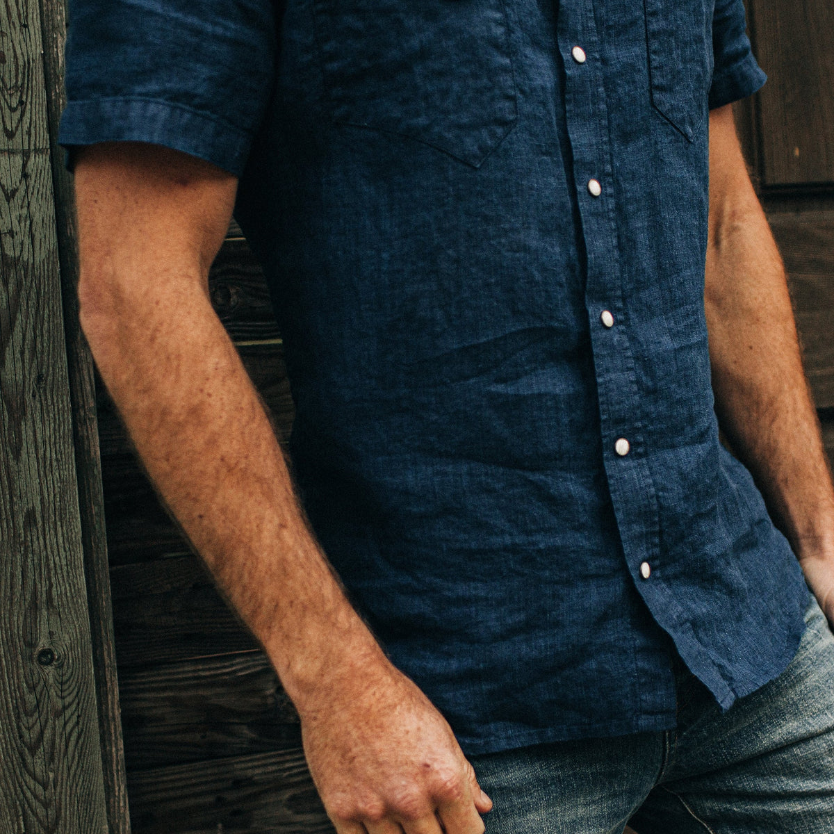 The Short Sleeve Western in Indigo Linen
