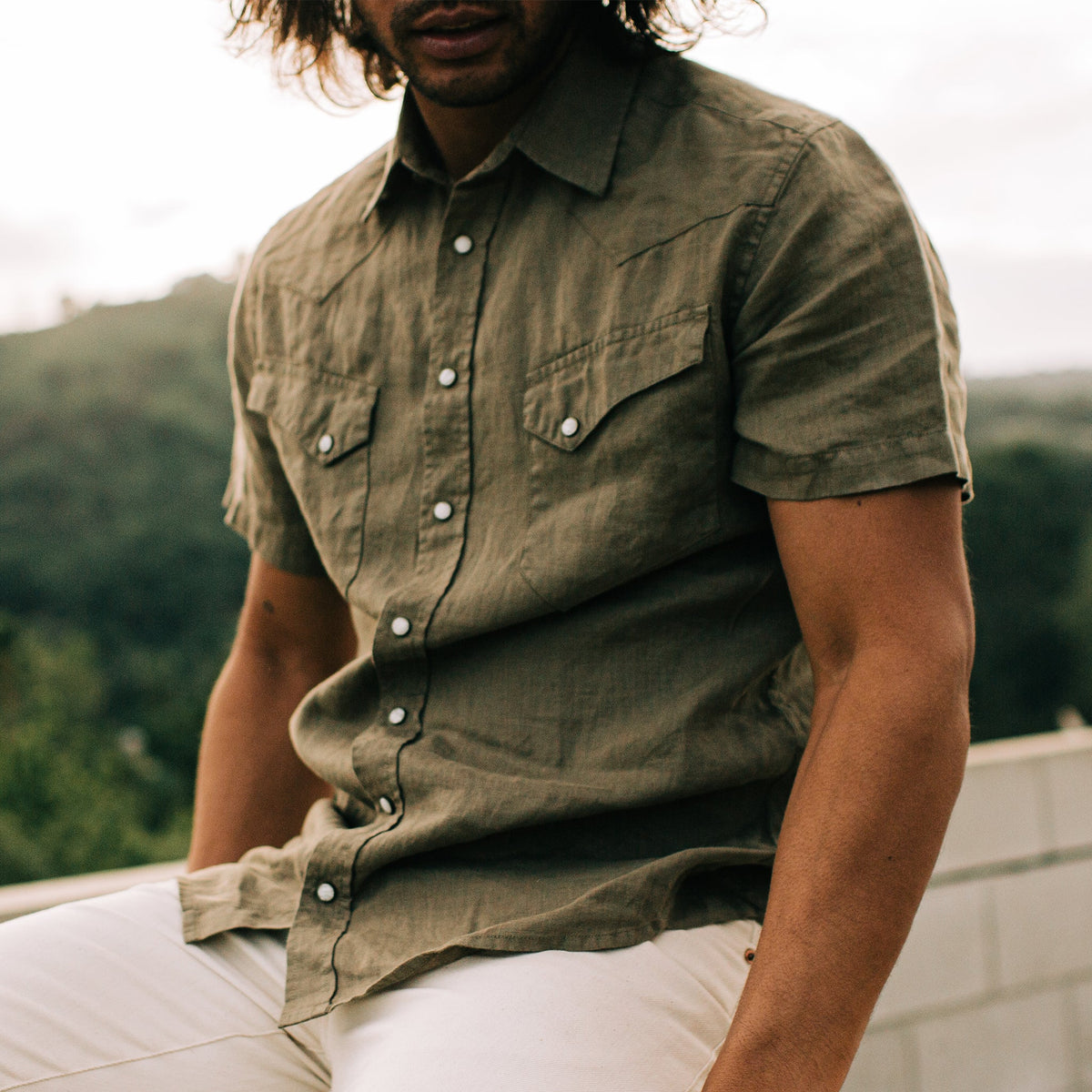 The Short Sleeve Western in Olive Linen