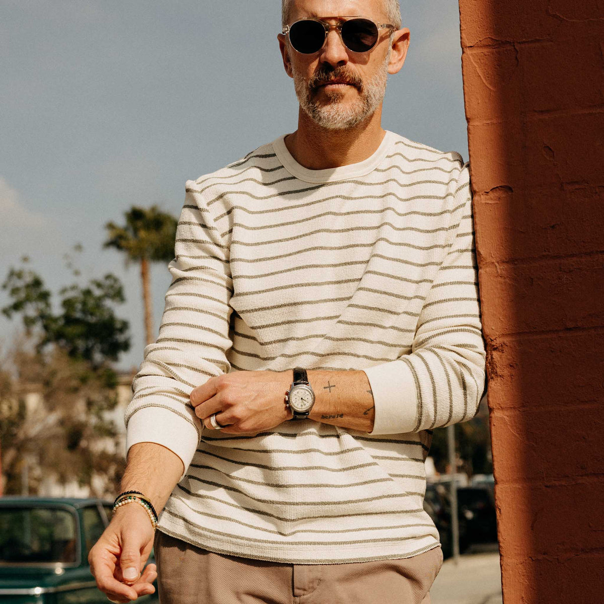 The Adams Crew in Cilantro Stripe Reverse Terry