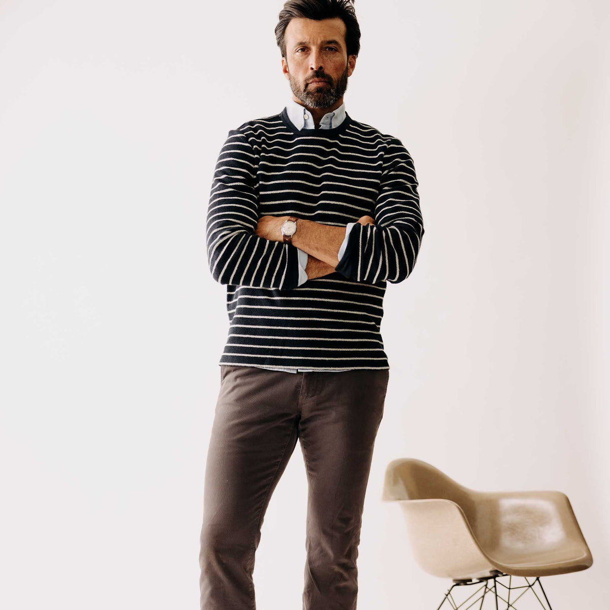 The Adams Crew in Dark Navy Stripe Reverse Terry