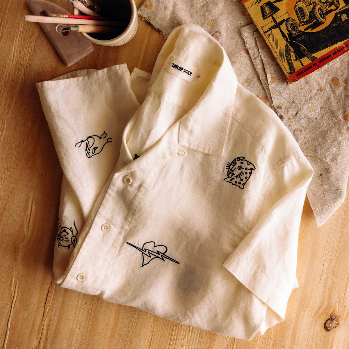 The Short Sleeve Davis Shirt in Embroidered Natural