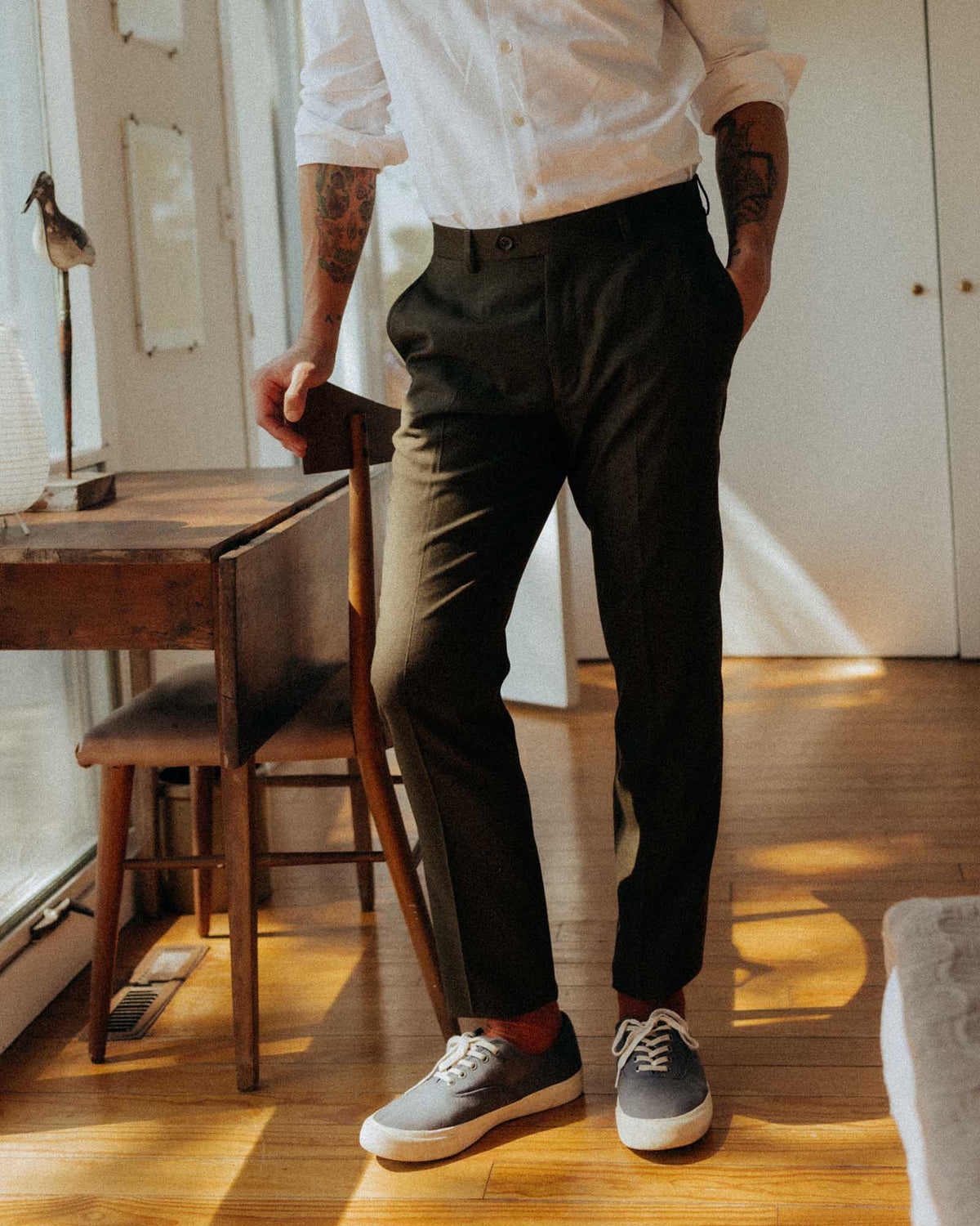 The Stevens Trouser in Black Olive Wool Flannel