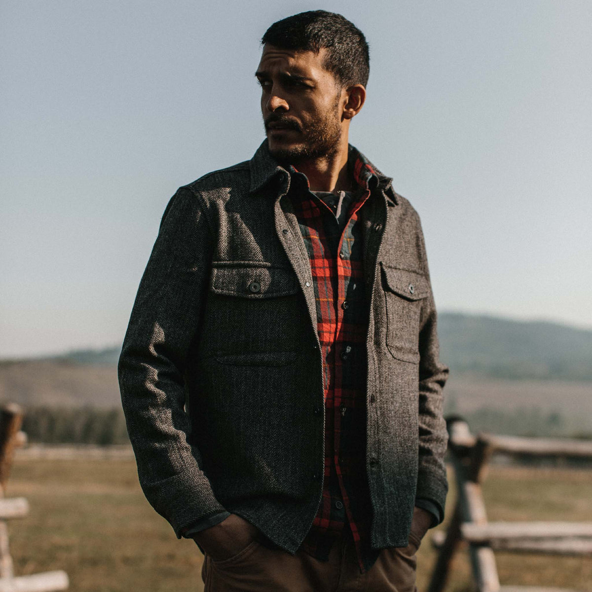 The Explorer Shirt in Coal Herringbone Wool
