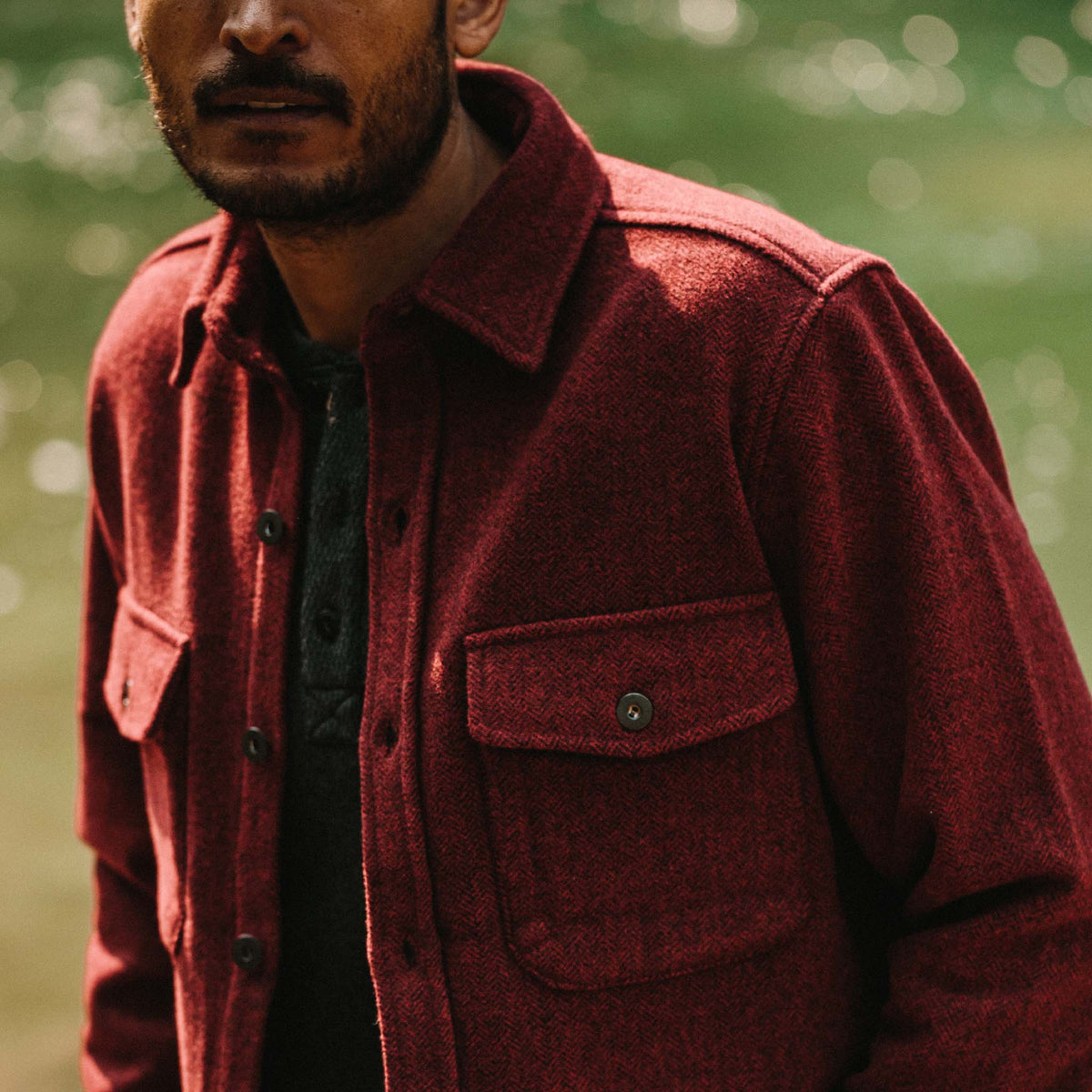 The Explorer Shirt in Burgundy Herringbone Wool