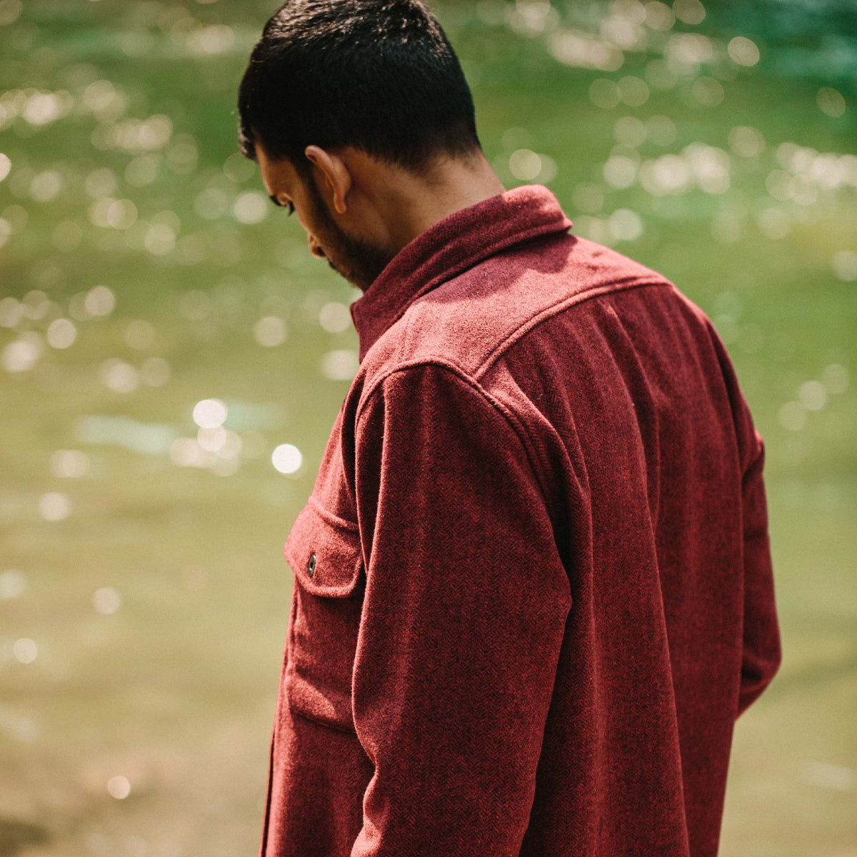 The Explorer Shirt in Burgundy Herringbone Wool