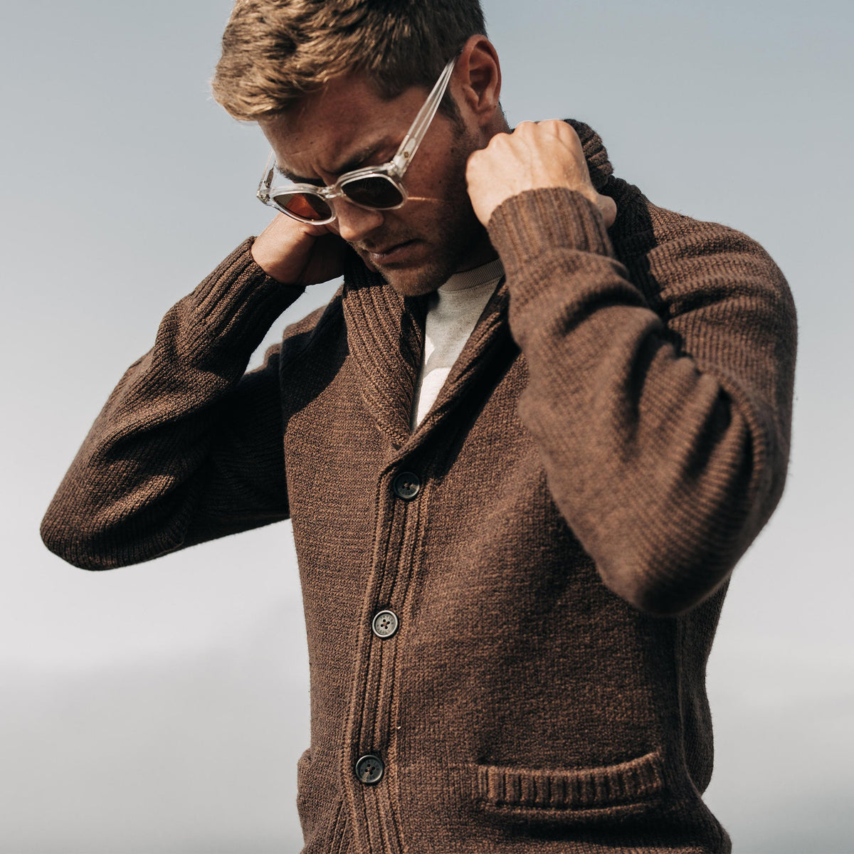 The Headland Shawl Cardigan in Marled Chocolate