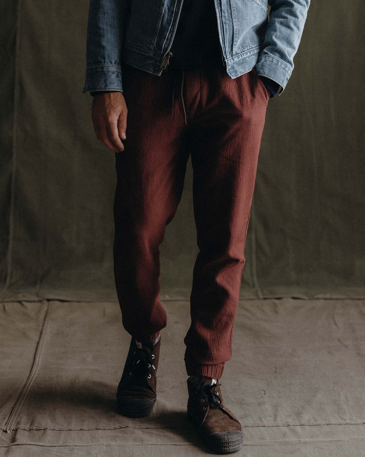 The Apres Pant in Burgundy Double Cloth