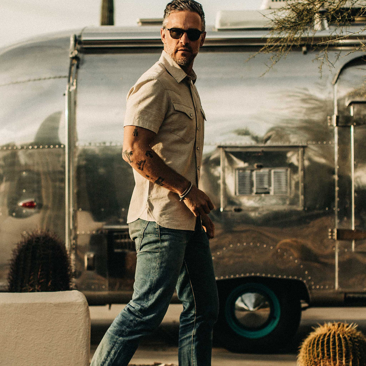 The Short Sleeve Western in Natural Herringbone