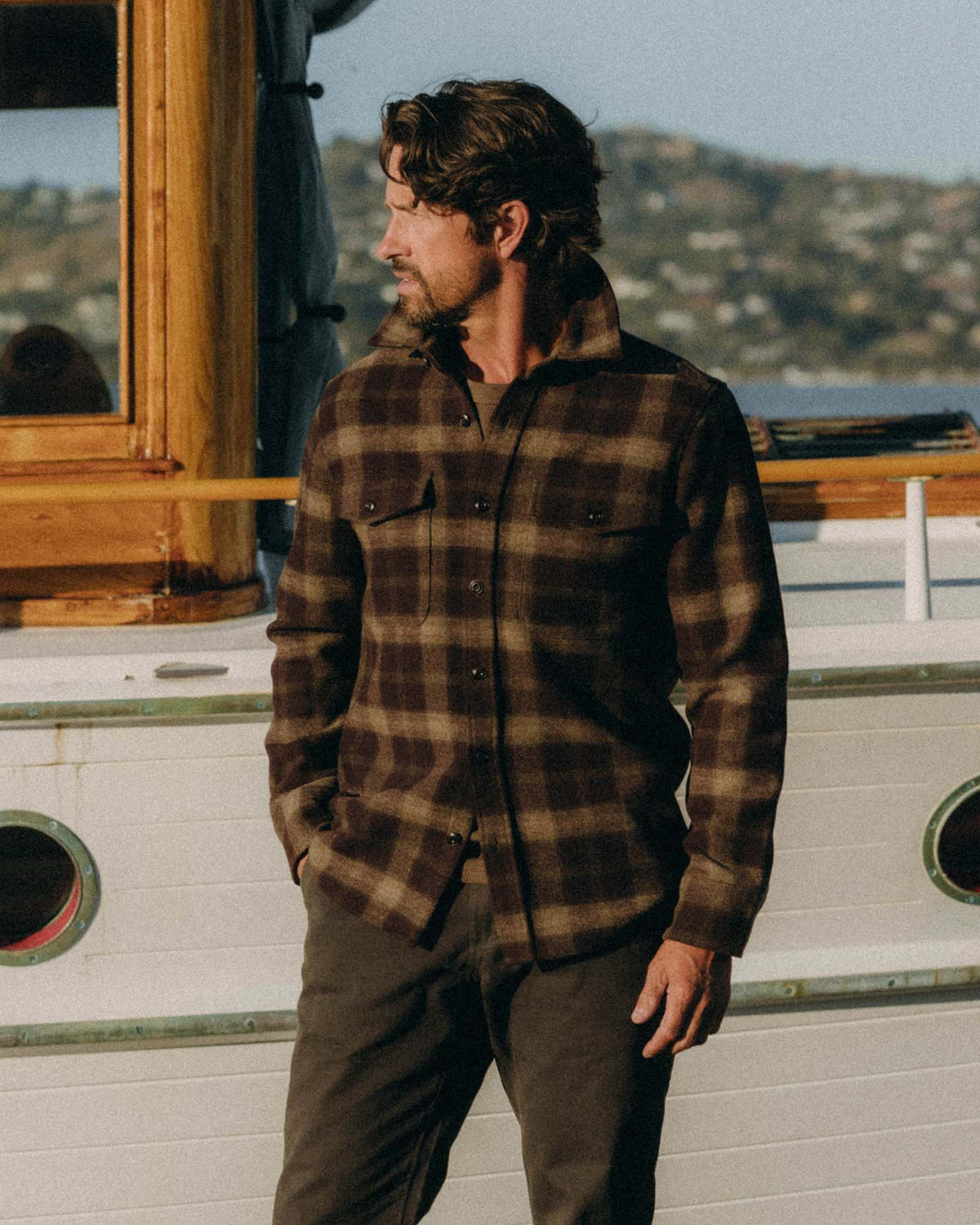 The Maritime Shirt Jacket in Burgundy Plaid Wool