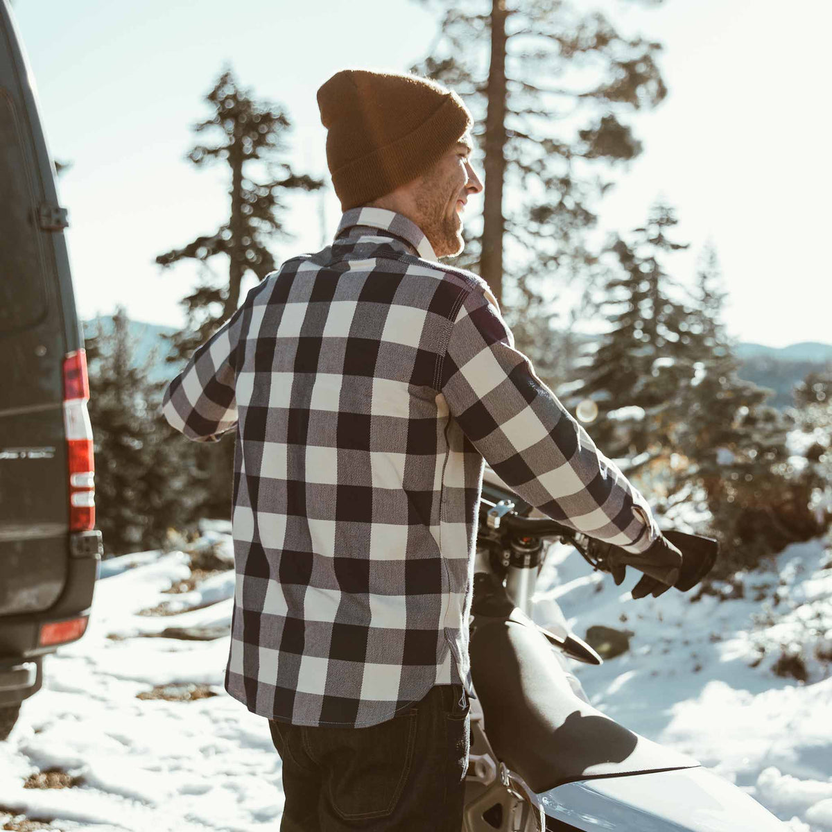 The Moto Utility Shirt in Natural & Navy Buffalo Plaid