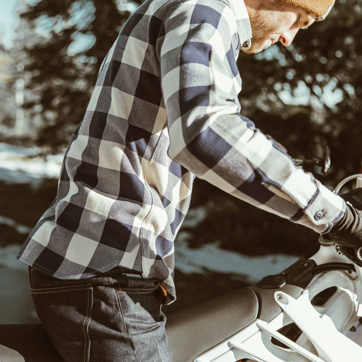 The Moto Utility Shirt in Natural & Navy Buffalo Plaid