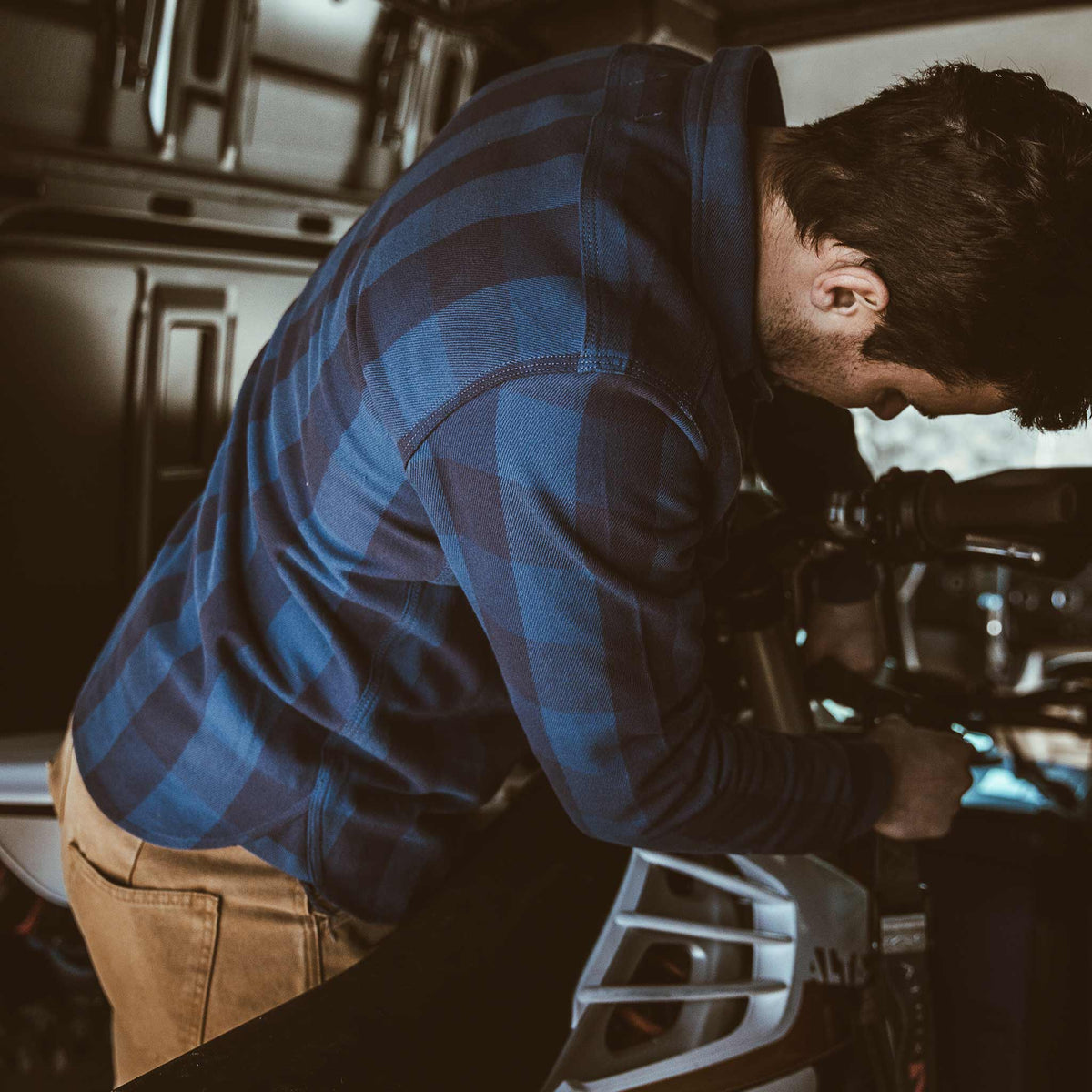 The Moto Utility Shirt in Royal & Navy Buffalo Plaid