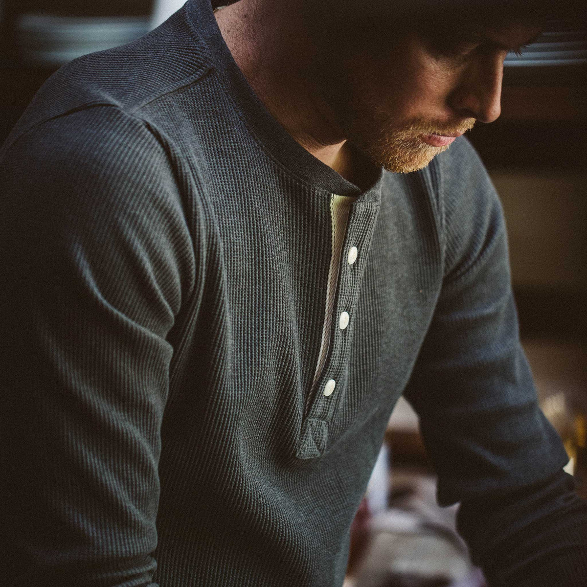The Heavy Bag Waffle Henley in Heather Grey