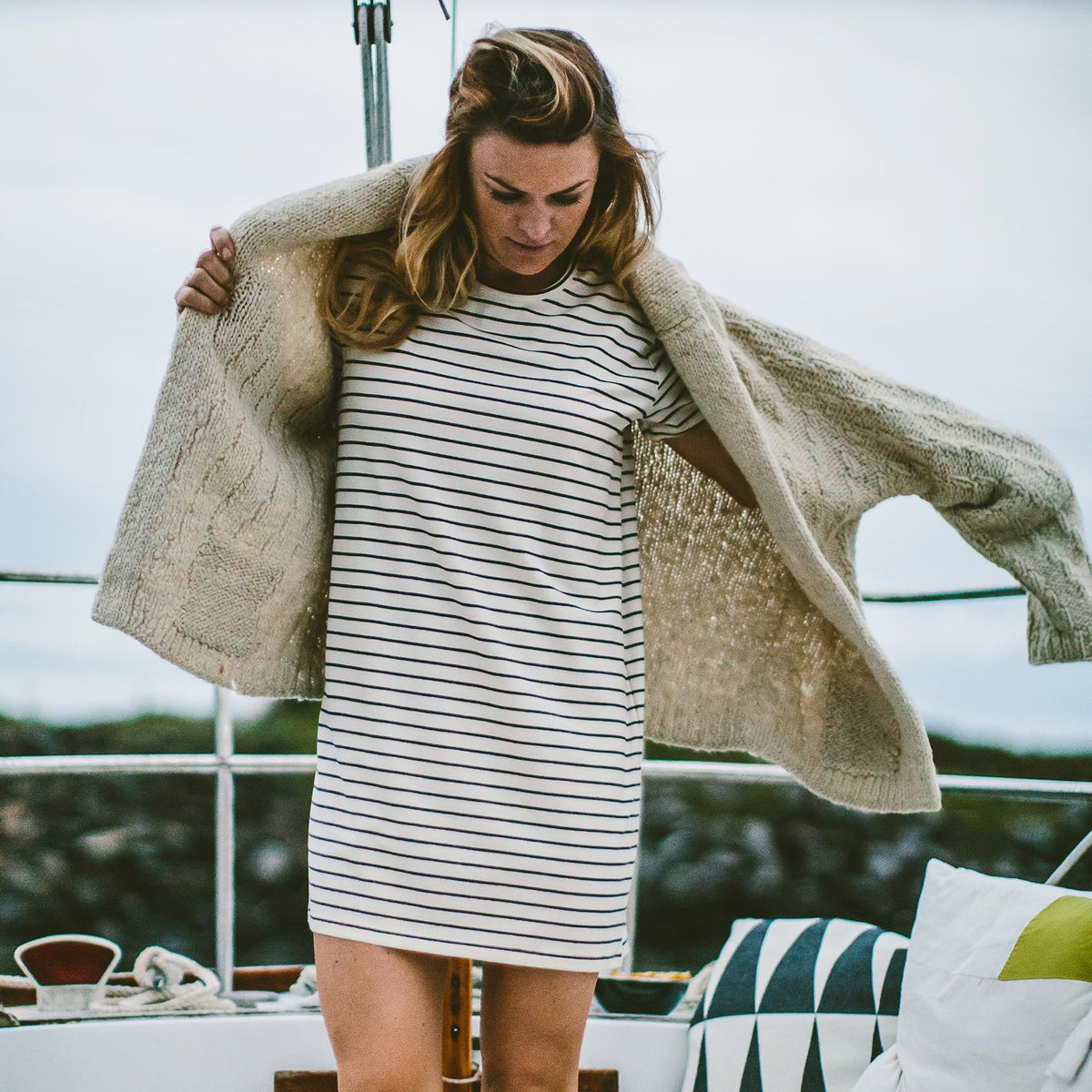 The Sausalito Dress in Navy Stripe Mercerized Merino