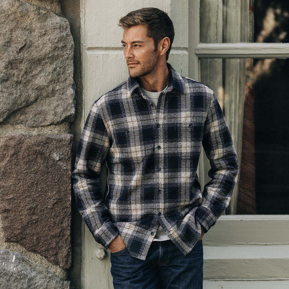 The Utility Shirt in Navy Jaspe Herringbone Plaid