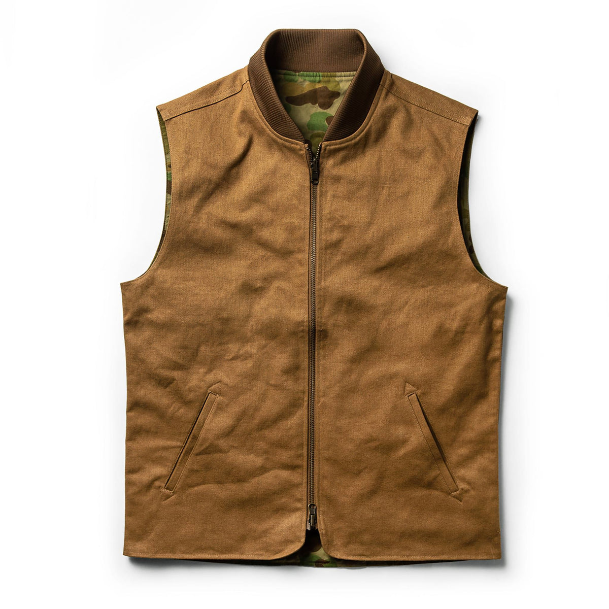 The Taylor Stitch x Gear Patrol Reversible Able Vest in Arid Camo